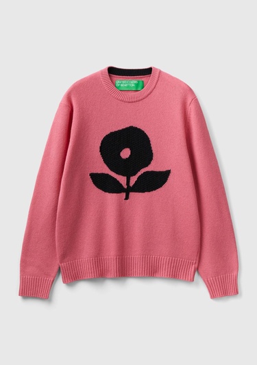  Kadın Gül Kurusu Yün Karışımlı Çiçek Desenli Kazak