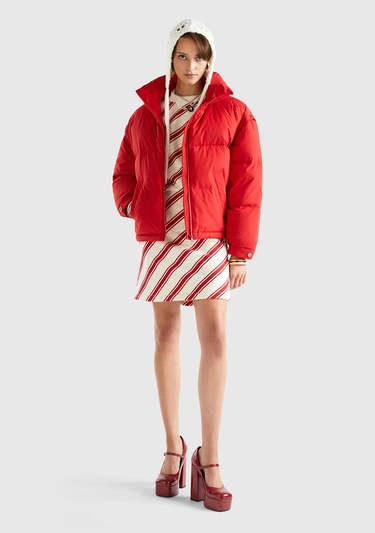  Kadın Kırmızı Kaz Tüyü Dolgulu Pufa Mont