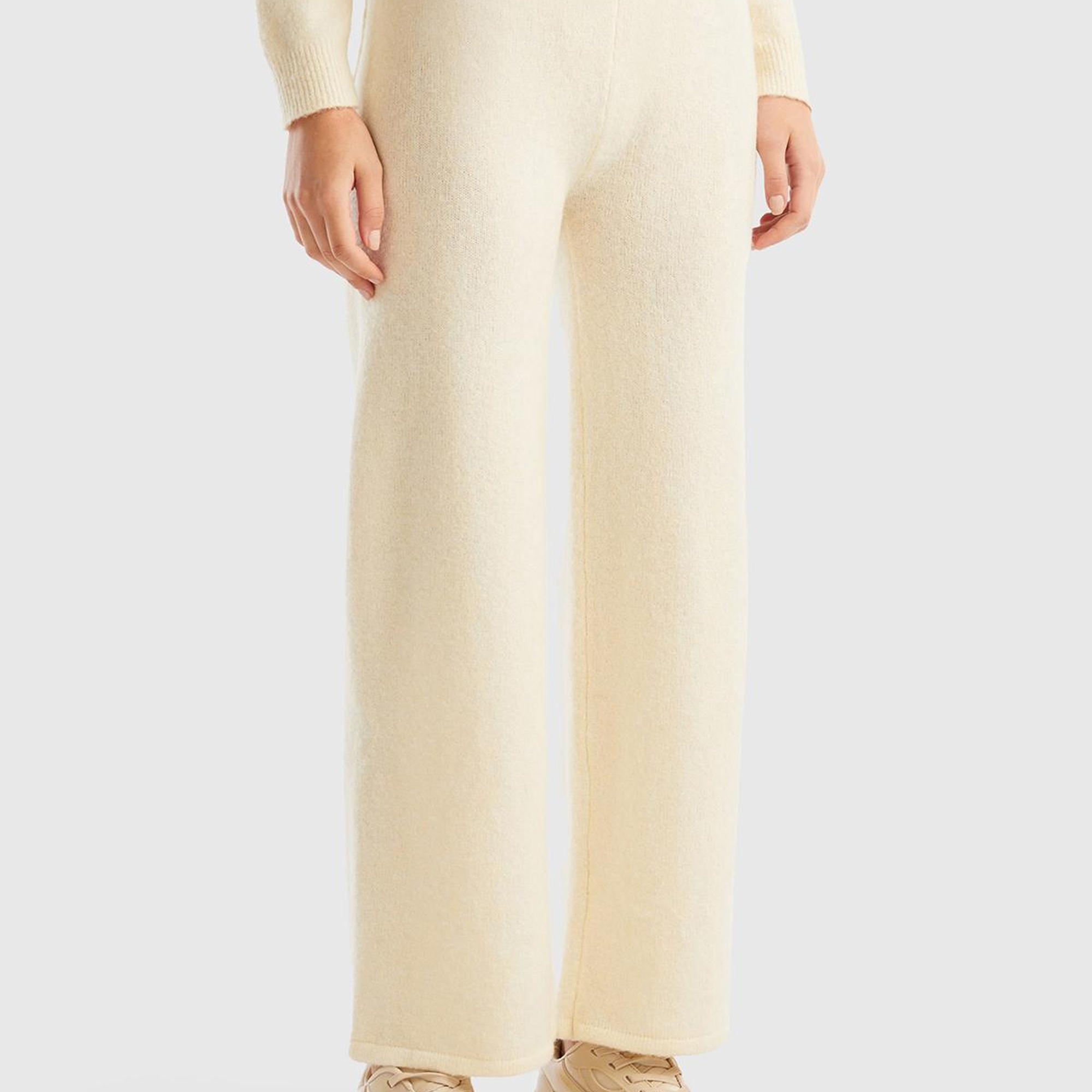 Kadın Beyaz Yün Karışımlı Şardonlu Triko Pantolon