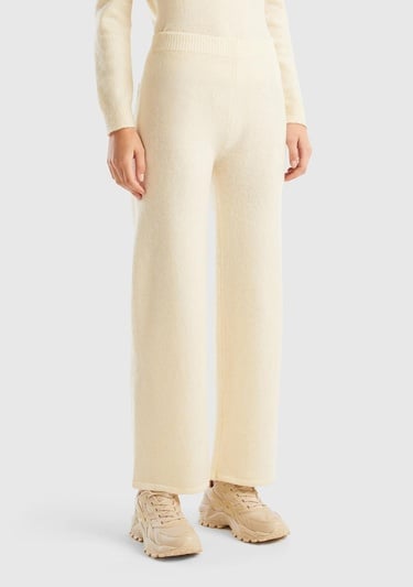  Kadın Beyaz Yün Karışımlı Şardonlu Triko Pantolon
