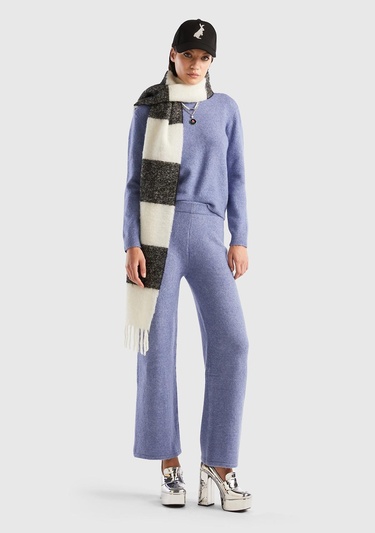  Kadın Havacı Mavi Yün Karışımlı Şardonlu Triko Pantolon