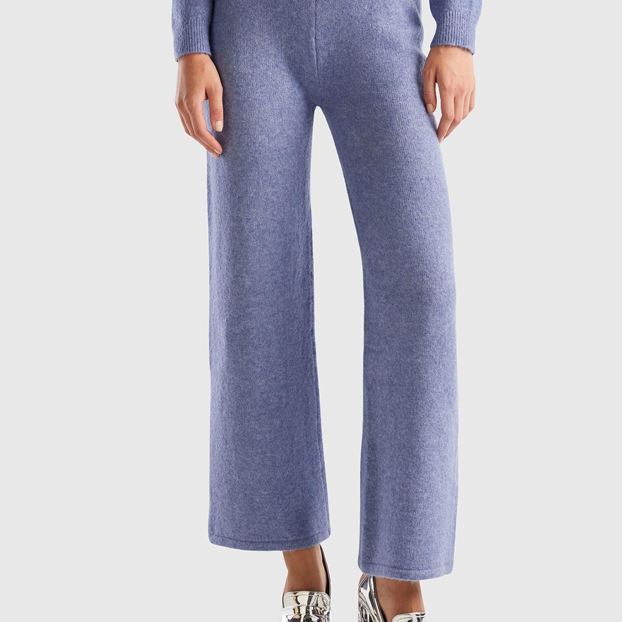 Kadın Havacı Mavi Yün Karışımlı Şardonlu Triko Pantolon