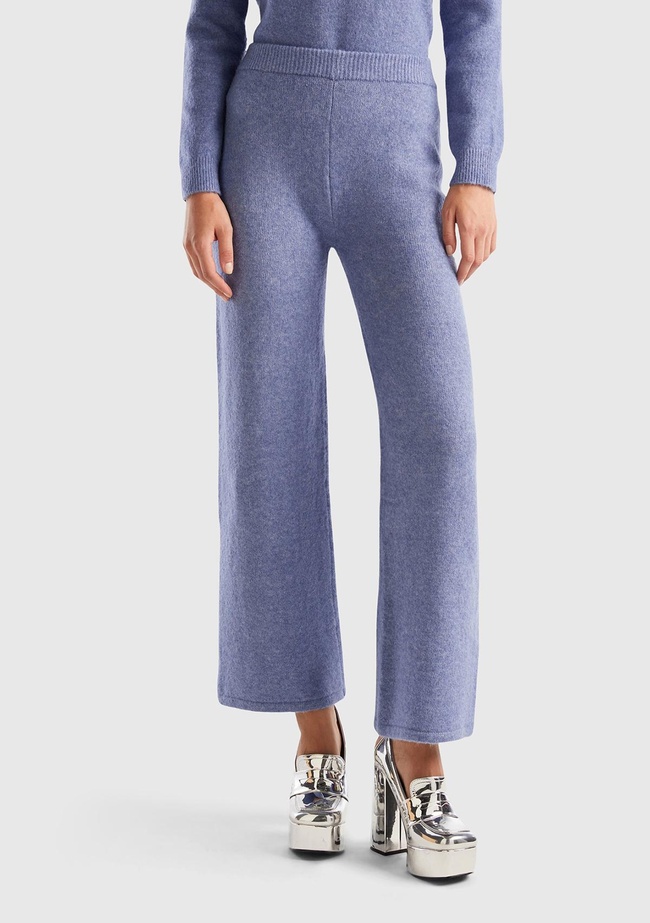  Kadın Havacı Mavi Yün Karışımlı Şardonlu Triko Pantolon