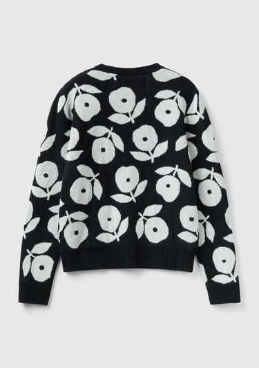  Kadın Siyah Yün Karışımlı Çiçek Desenli Kazak