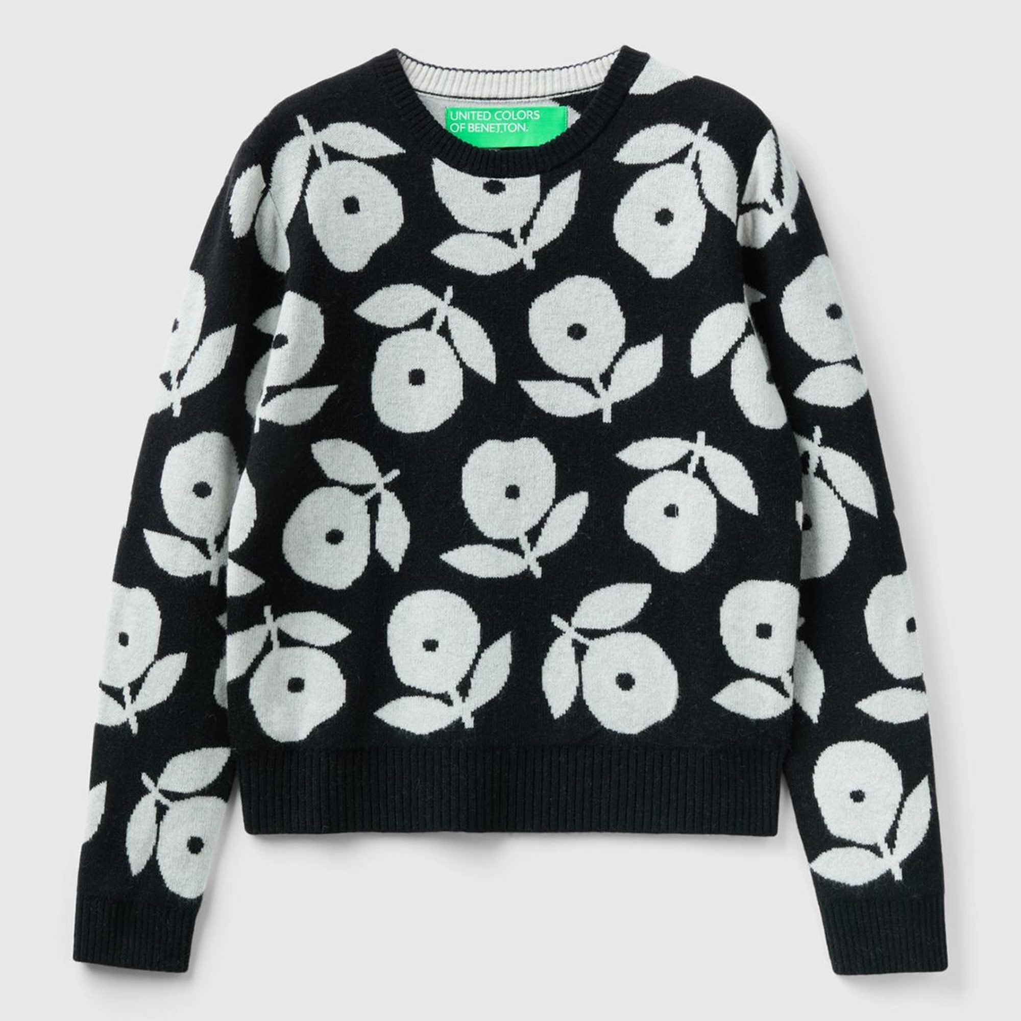 Kadın Siyah Yün Karışımlı Çiçek Desenli Kazak