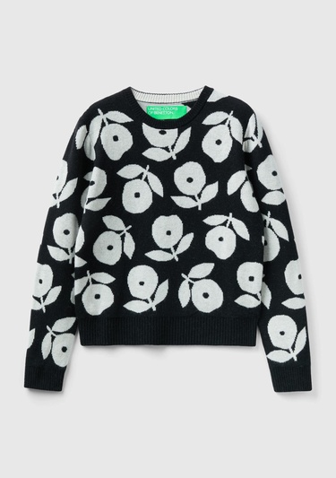  Kadın Siyah Yün Karışımlı Çiçek Desenli Kazak