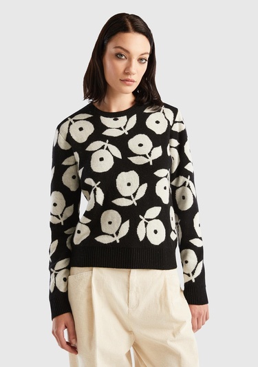  Kadın Siyah Yün Karışımlı Çiçek Desenli Kazak
