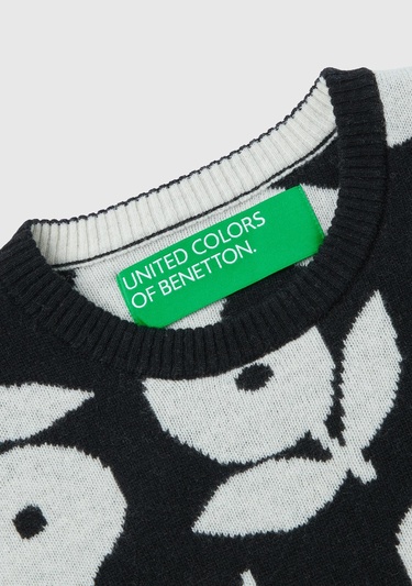  Kadın Siyah Yün Karışımlı Çiçek Desenli Kazak