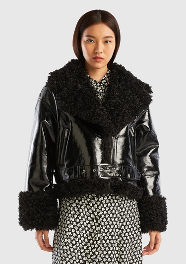  Kadın Siyah Şal Yaka Suni Deri Ceket