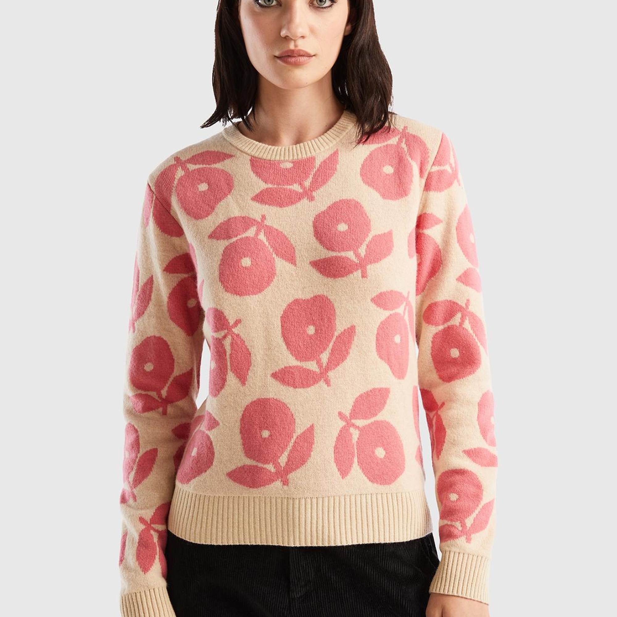 Kadın Bej Yün Karışımlı Çiçek Desenli Kazak