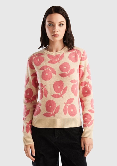  Kadın Bej Yün Karışımlı Çiçek Desenli Kazak