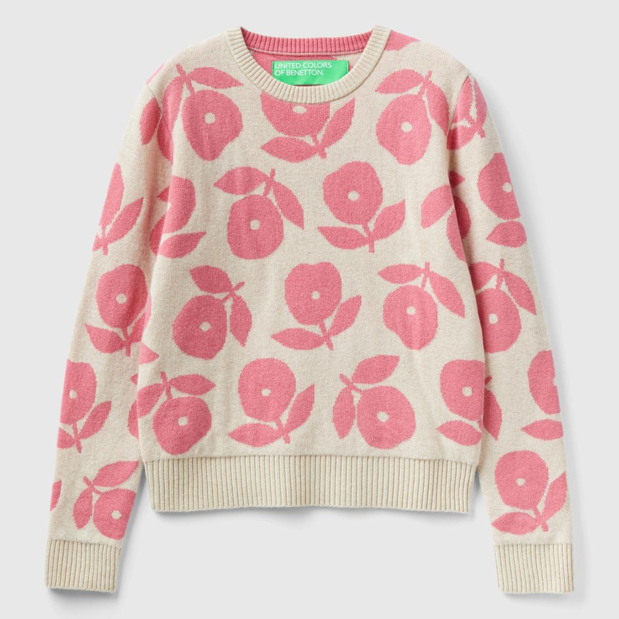 Kadın Bej Yün Karışımlı Çiçek Desenli Kazak