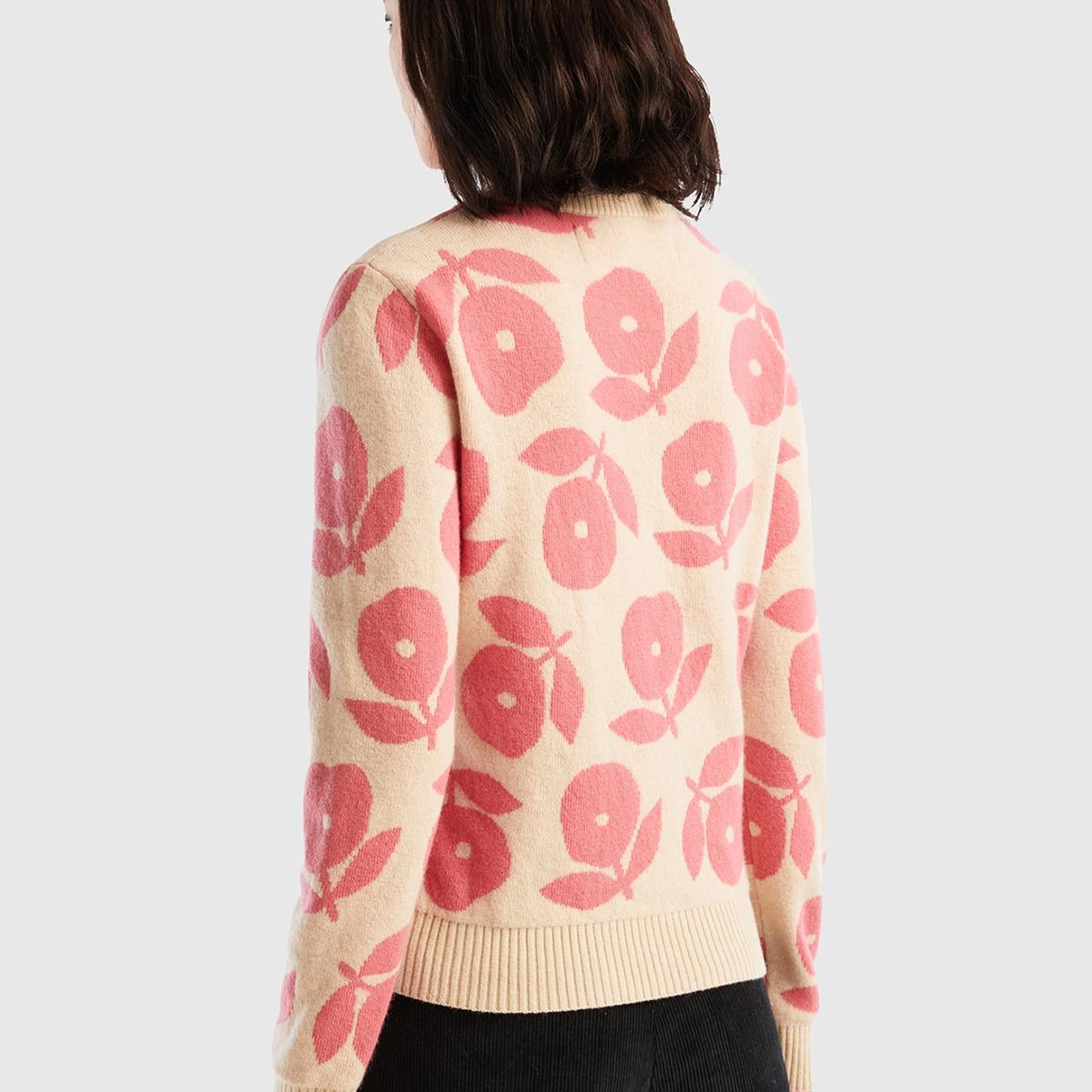 Kadın Bej Yün Karışımlı Çiçek Desenli Kazak