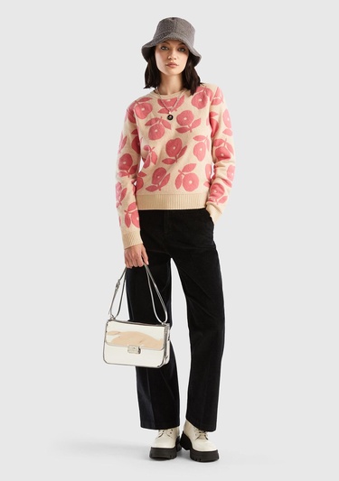  Kadın Bej Yün Karışımlı Çiçek Desenli Kazak