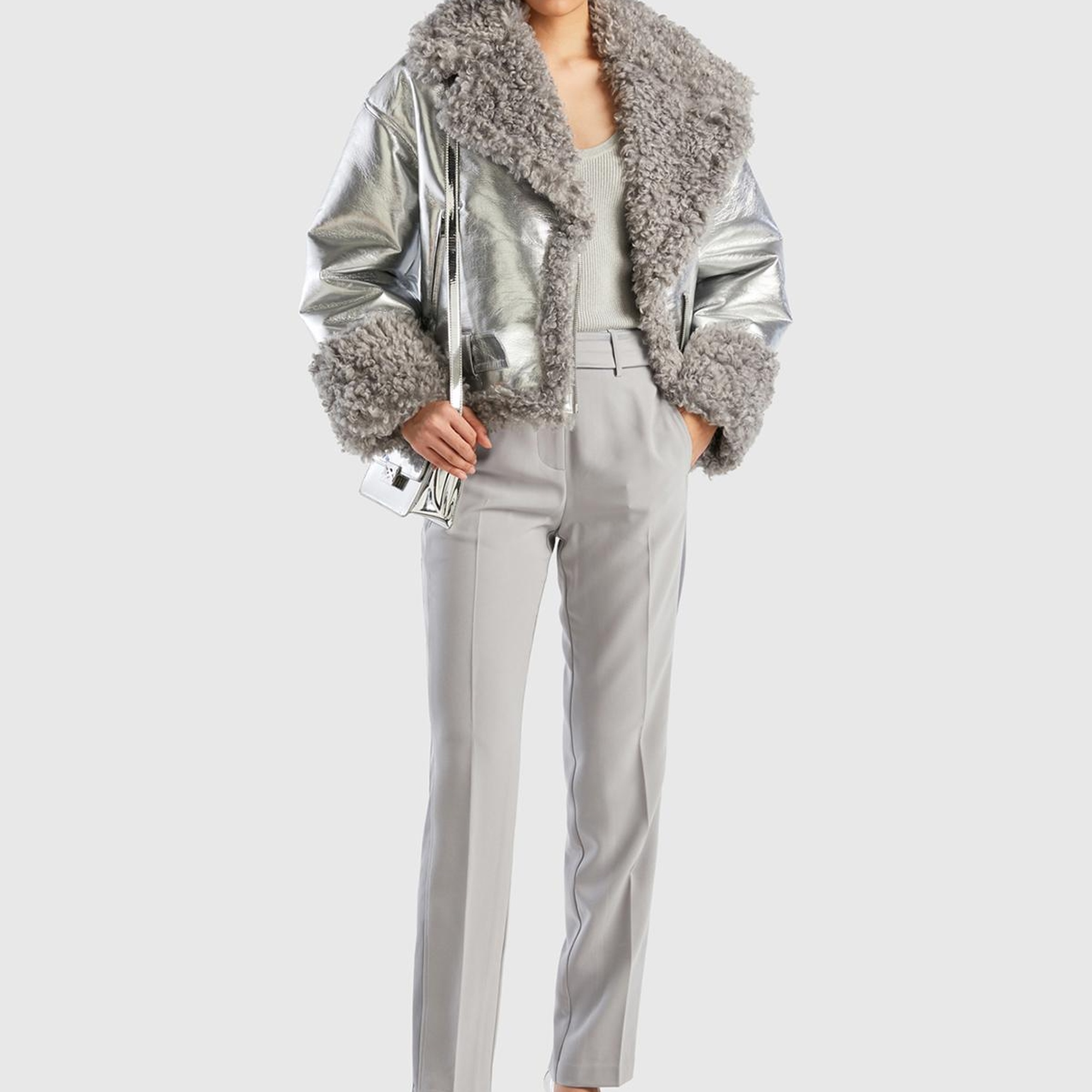 Kadın Gümüş Şal Yaka Suni Deri Ceket