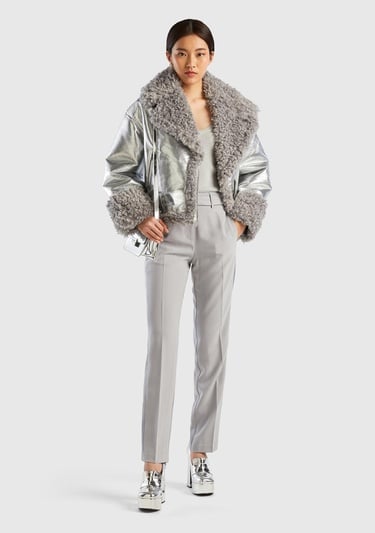  Kadın Gümüş Şal Yaka Suni Deri Ceket