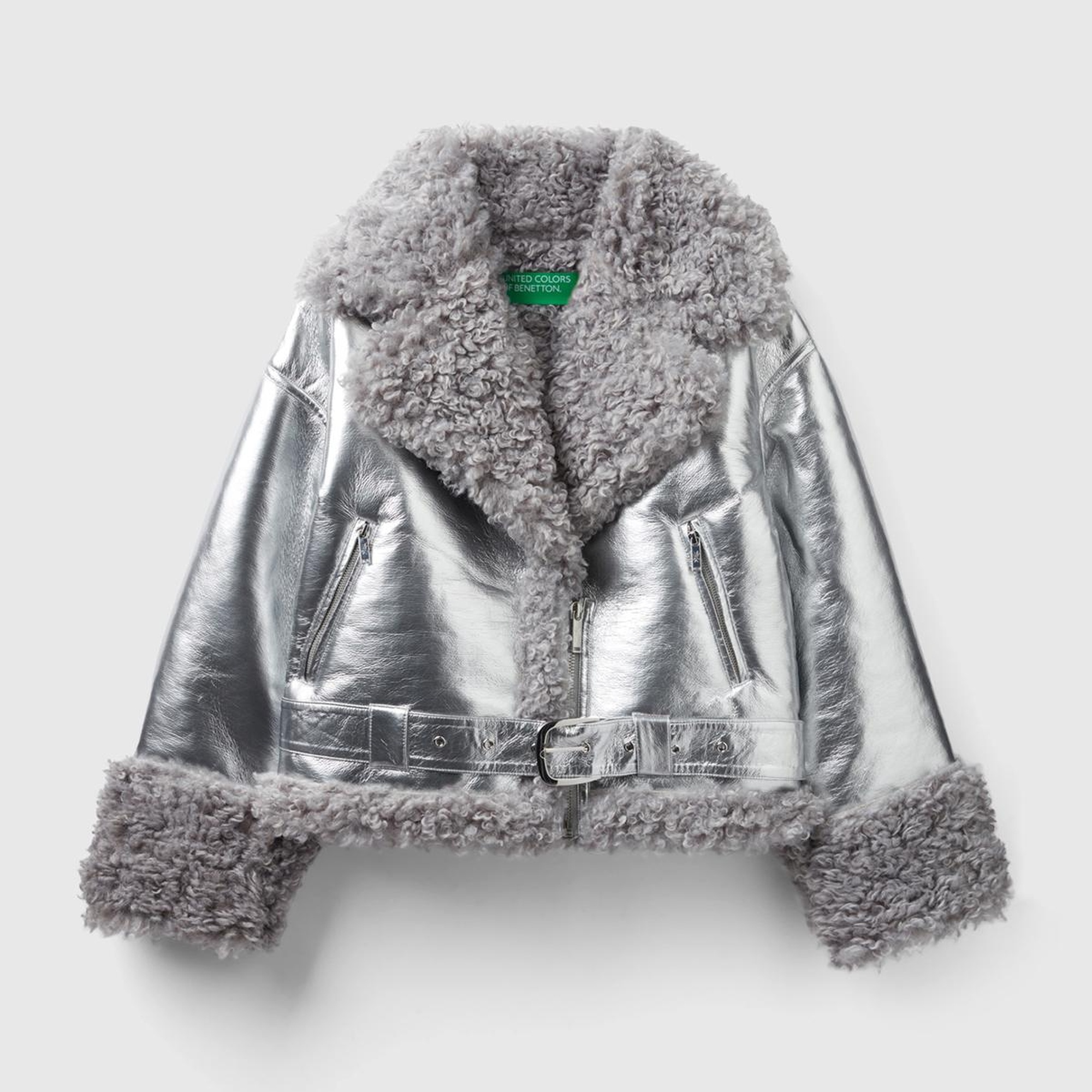 Kadın Gümüş Şal Yaka Suni Deri Ceket