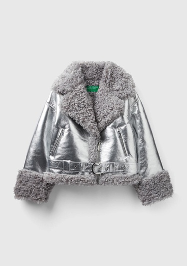  Kadın Gümüş Şal Yaka Suni Deri Ceket