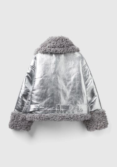  Kadın Gümüş Şal Yaka Suni Deri Ceket