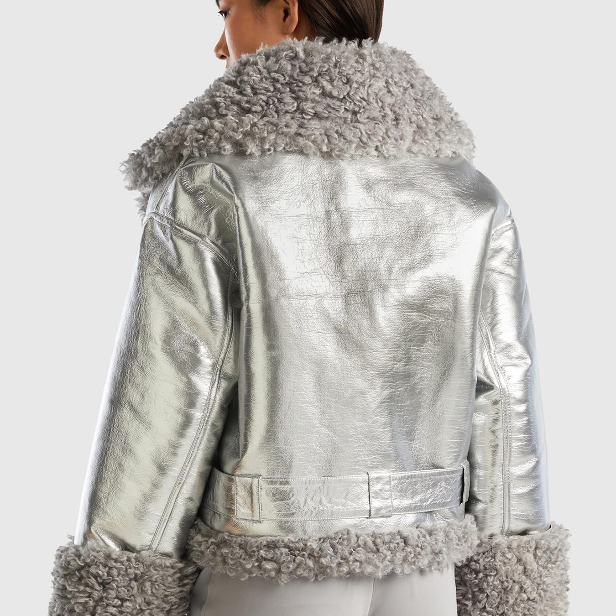 Kadın Gümüş Şal Yaka Suni Deri Ceket