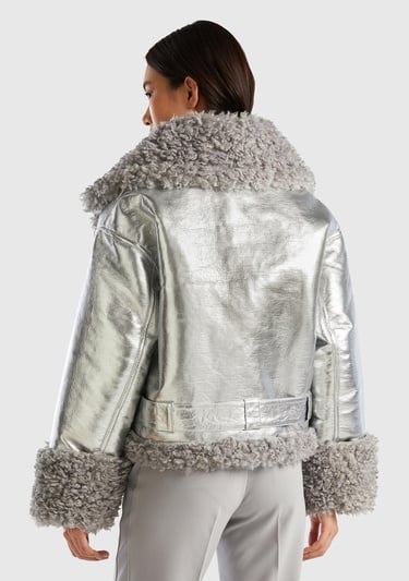  Kadın Gümüş Şal Yaka Suni Deri Ceket