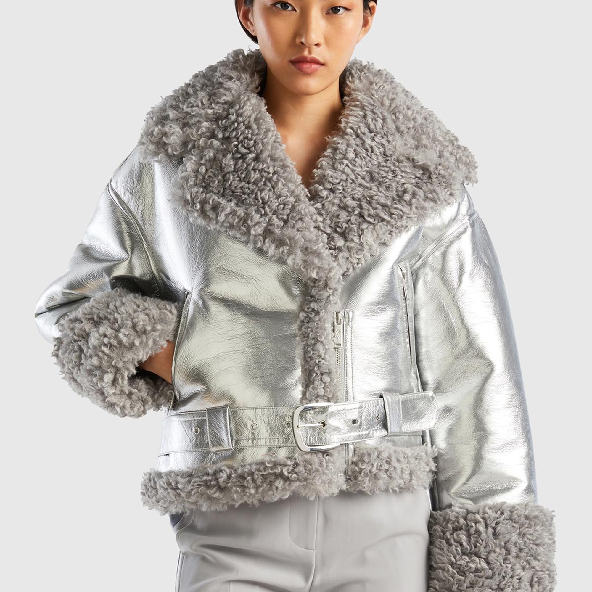 Kadın Gümüş Şal Yaka Suni Deri Ceket