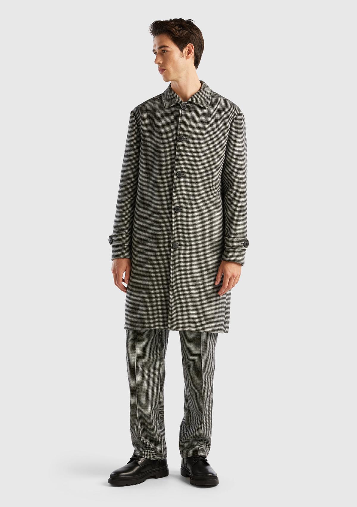  Erkek Bej Yün Karişimli Ekoseli Palto