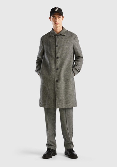 Erkek Bej Yün Karişimli Ekoseli Palto