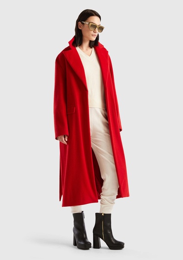  Kadın Bordo Yün Karışımlı Belden Bağlamalı Palto