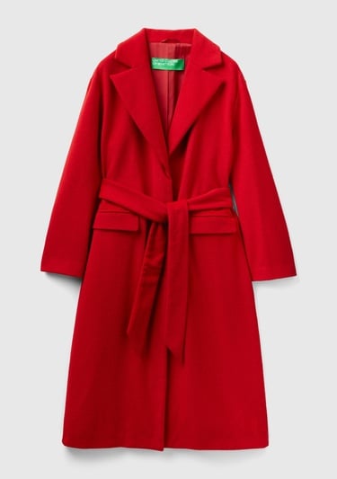  Kadın Bordo Yün Karışımlı Belden Bağlamalı Palto