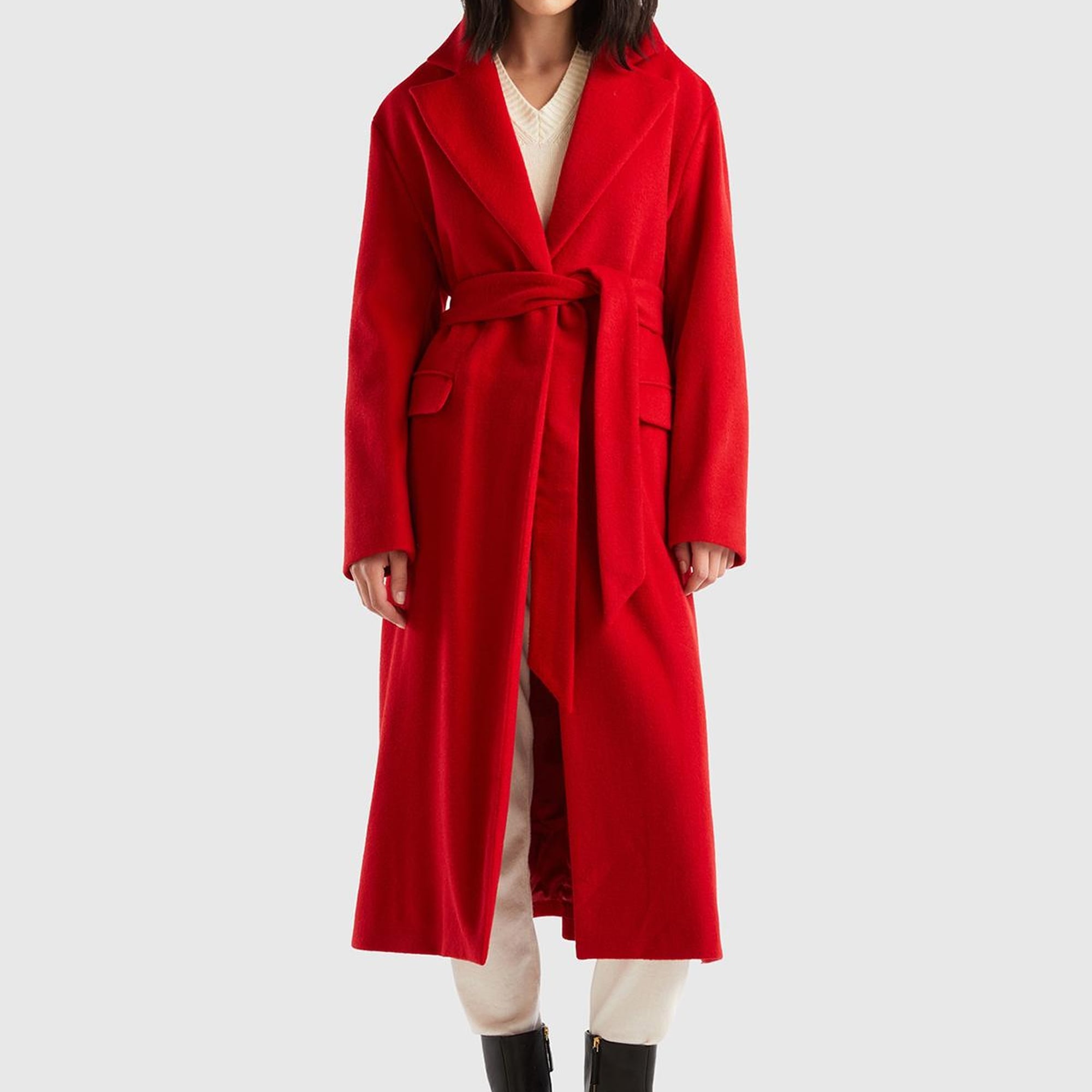 Kadın Bordo Yün Karışımlı Belden Bağlamalı Palto