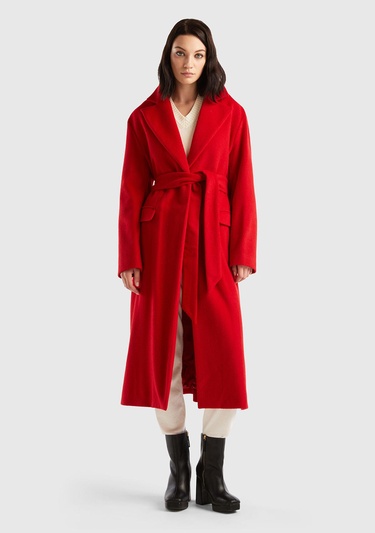  Kadın Bordo Yün Karışımlı Belden Bağlamalı Palto