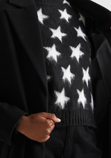  Kadın Siyah Yün Karışımlı Belden Bağlamalı Palto