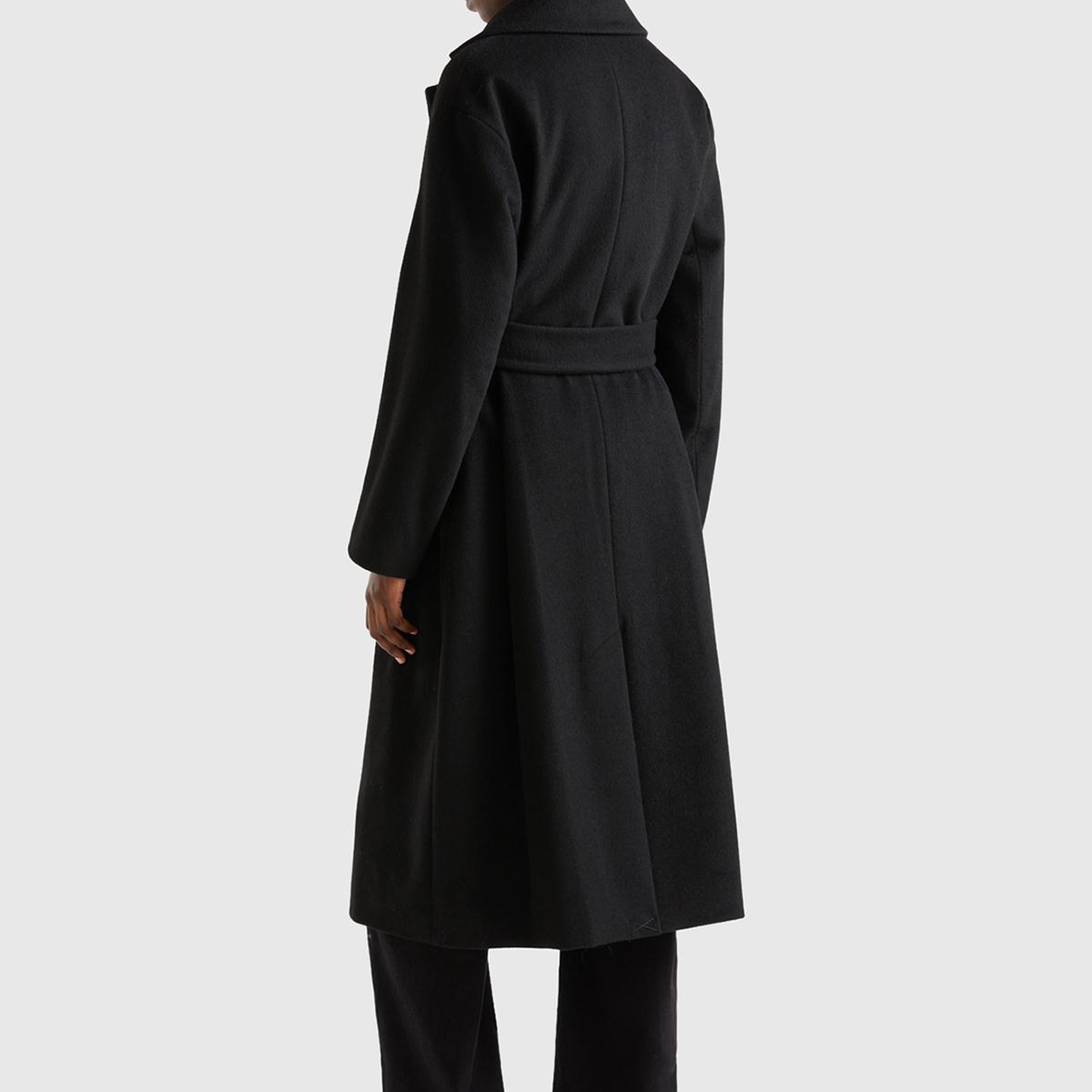 Kadın Siyah Yün Karışımlı Belden Bağlamalı Palto