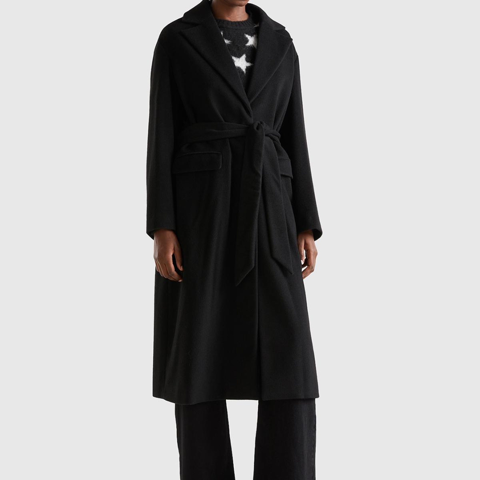Kadın Siyah Yün Karışımlı Belden Bağlamalı Palto