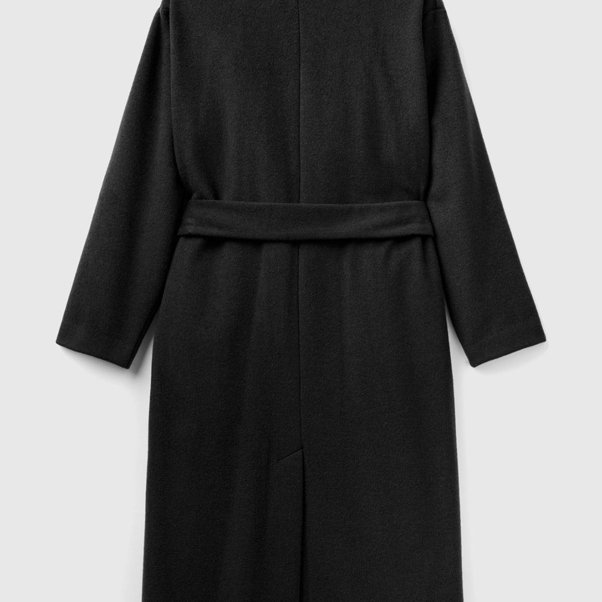 Kadın Siyah Yün Karışımlı Belden Bağlamalı Palto