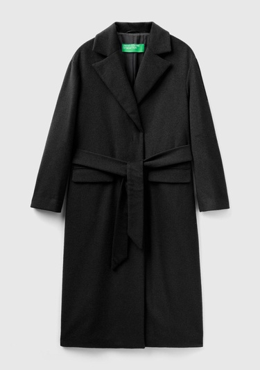  Kadın Siyah Yün Karışımlı Belden Bağlamalı Palto