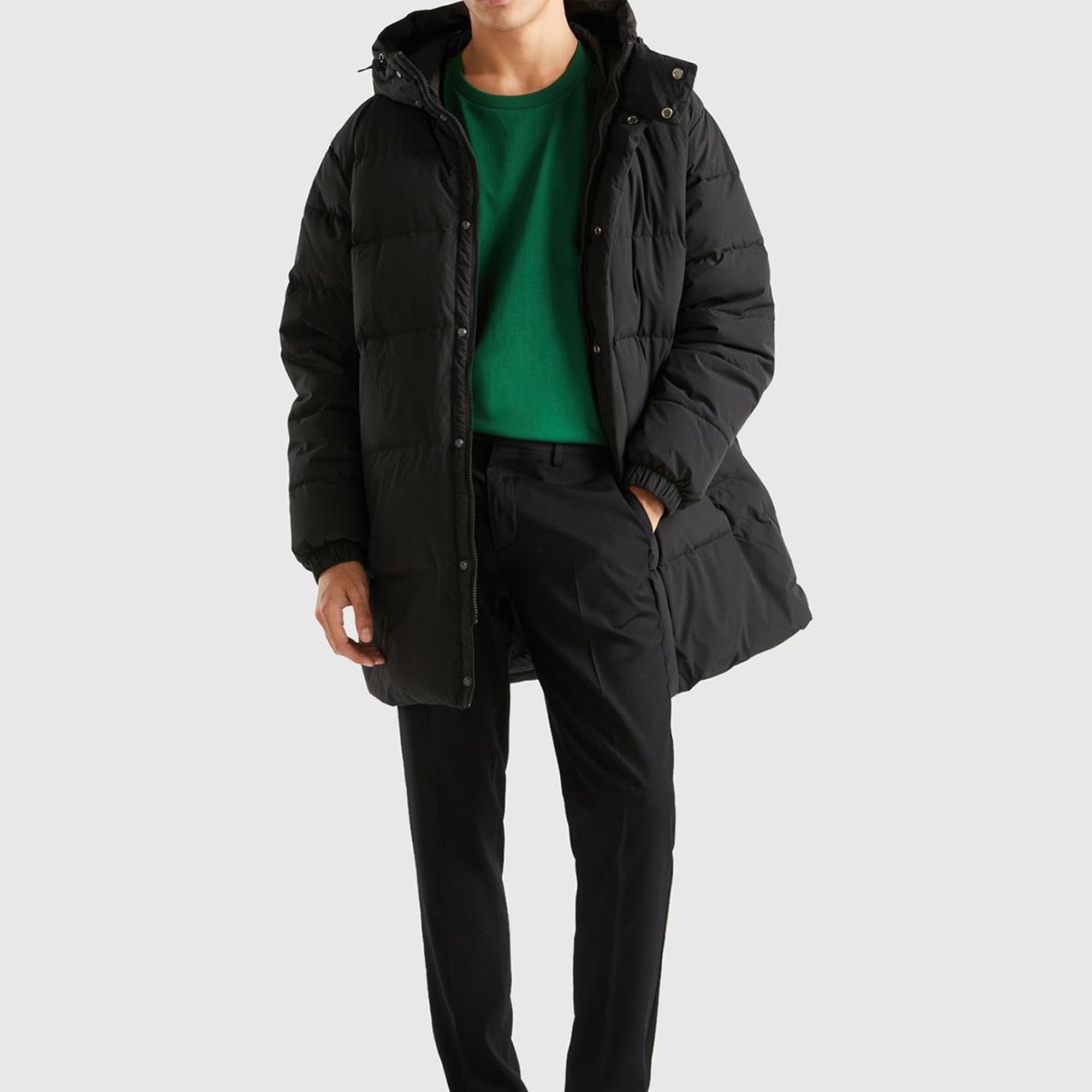 Erkek Siyah Uzun Kaz Tüyü Dolgulu Mont