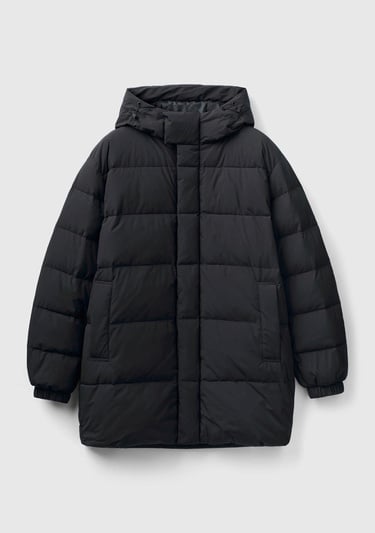  Erkek Siyah Uzun Kaz Tüyü Dolgulu Mont