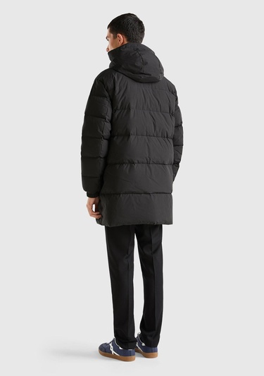  Erkek Siyah Uzun Kaz Tüyü Dolgulu Mont