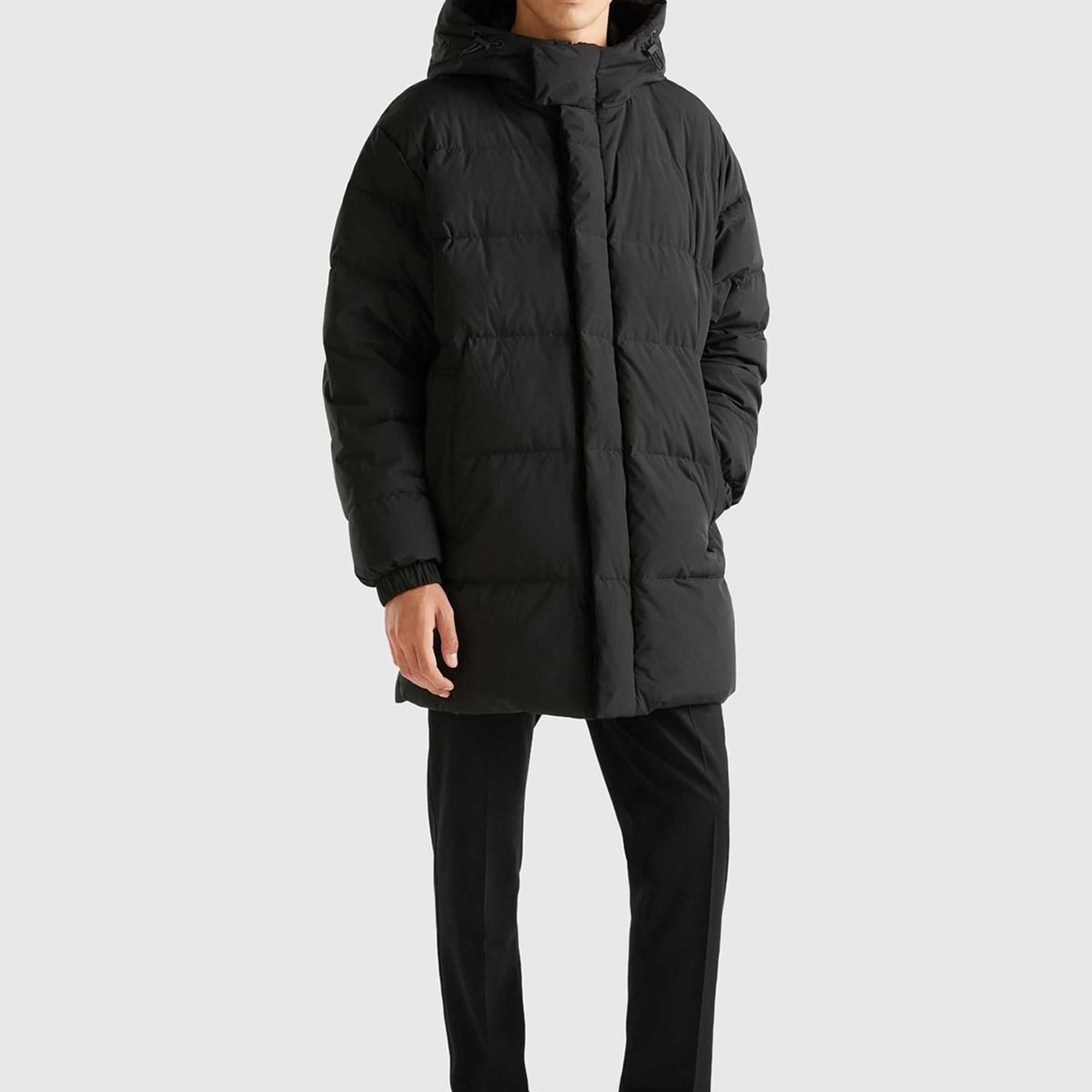 Erkek Siyah Uzun Kaz Tüyü Dolgulu Mont