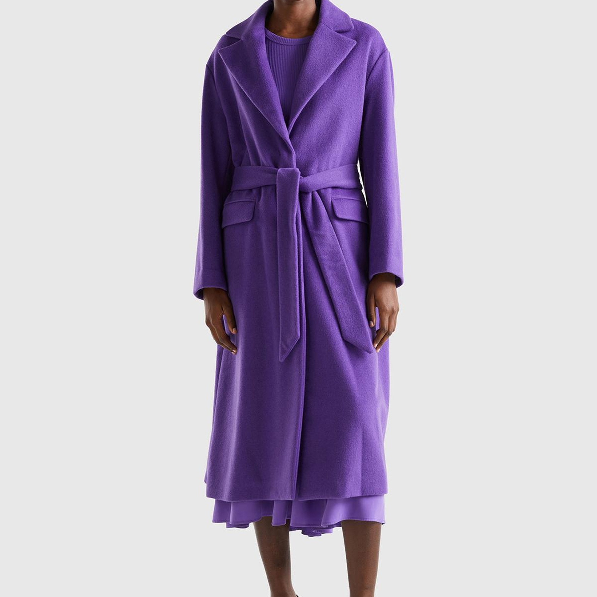 Kadın Mor Yün Karışımlı Belden Bağlamalı Palto