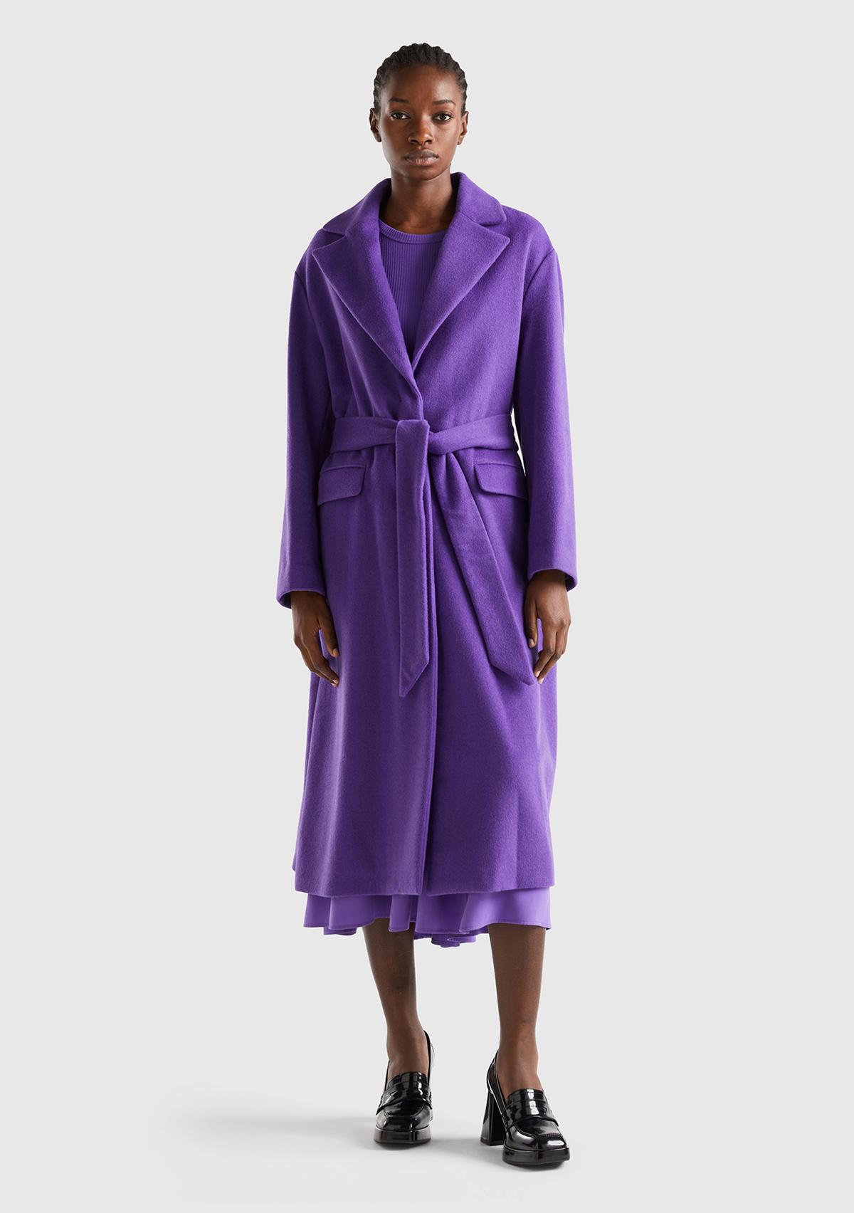  Kadın Mor Yün Karışımlı Belden Bağlamalı Palto