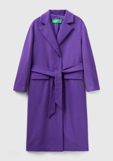  Kadın Mor Yün Karışımlı Belden Bağlamalı Palto