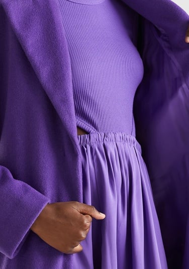  Kadın Mor Yün Karışımlı Belden Bağlamalı Palto