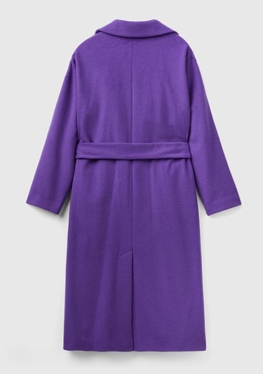  Kadın Mor Yün Karışımlı Belden Bağlamalı Palto