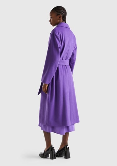  Kadın Mor Yün Karışımlı Belden Bağlamalı Palto