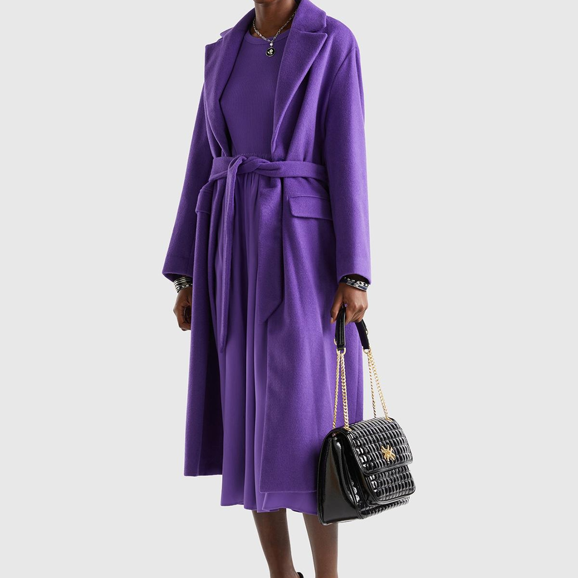 Kadın Mor Yün Karışımlı Belden Bağlamalı Palto