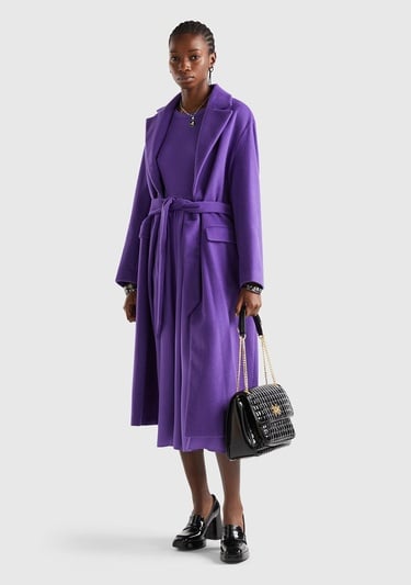  Kadın Mor Yün Karışımlı Belden Bağlamalı Palto