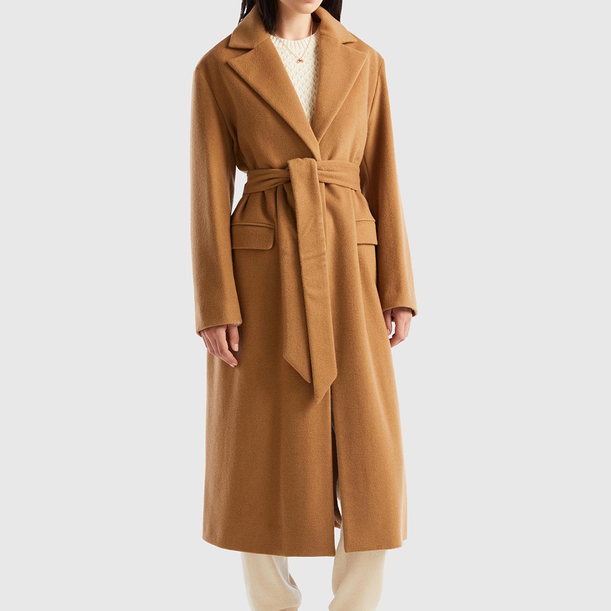 Kadın Taba Yün Karışımlı Belden Bağlamalı Palto